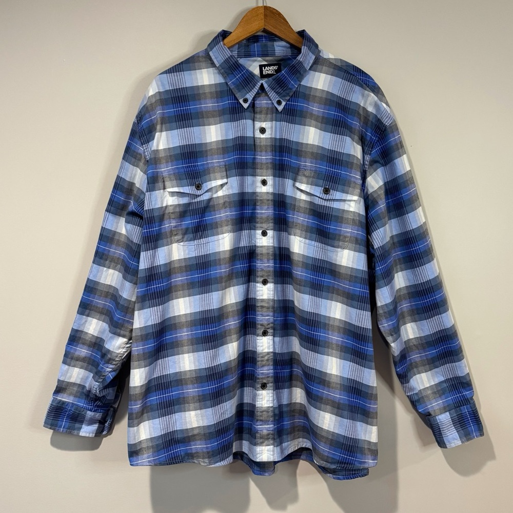 Lands' End Men’s Blue & White Plaid Button Down Shirt Preppy Classic Casual 3XL